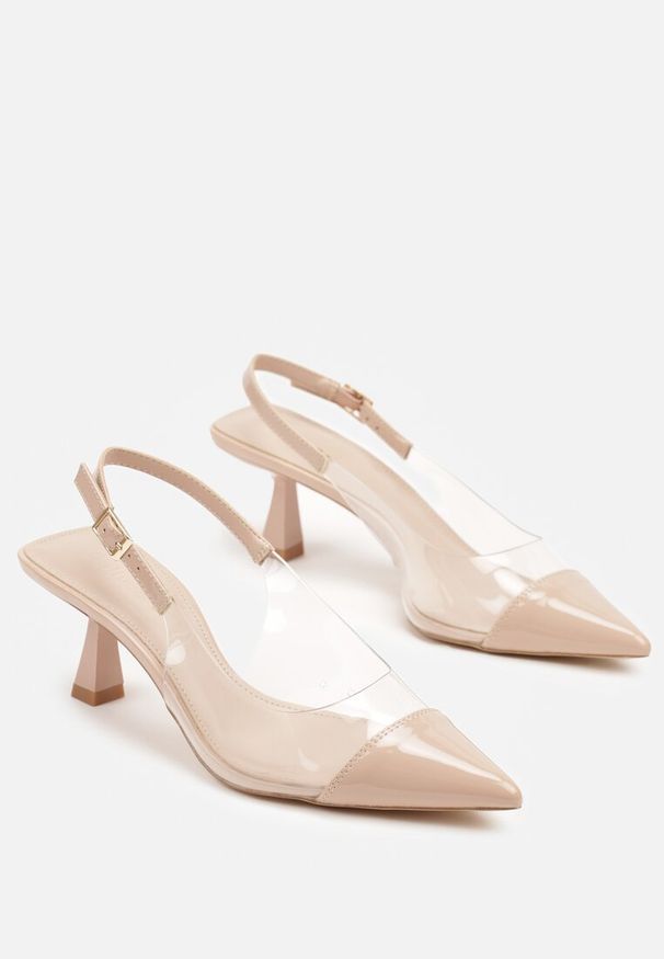 Born2be - Beżowe Sandały na Obcasie Typu Kaczuszka z Transparentną Cholewką Fenalaris. Okazja: na co dzień, na imprezę. Zapięcie: sprzączka. Kolor: beżowy. Materiał: jeans. Obcas: na obcasie. Styl: casual, wizytowy. Wysokość obcasa: średni