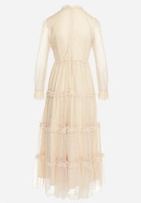 Born2be - Beżowa Rozkloszowana Sukienka Maxi z Przezroczystszego Tiulu Ozdobiona Koronką Lanessa. Kolor: beżowy. Materiał: tiul, koronka. Wzór: koronka, aplikacja. Długość: maxi #3