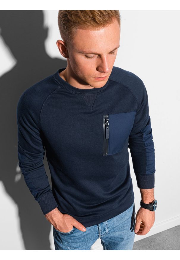 Ombre Clothing - Bluza męska bez kaptura B1151 - granatowa - XL. Typ kołnierza: bez kaptura. Kolor: niebieski. Materiał: bawełna, tkanina, poliester, materiał, jeans, dzianina