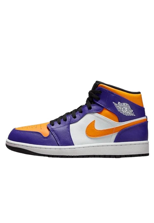 Buty do chodzenia męskie Nike Air Jordan 1 los angeles lakers. Zapięcie: sznurówki. Kolor: żółty, wielokolorowy, fioletowy. Materiał: skóra, syntetyk, materiał. Szerokość cholewki: normalna. Sport: turystyka piesza