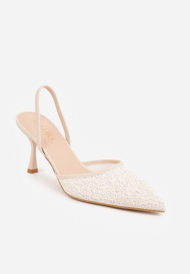 Born2be - Beżowe Szpilki z Paskiem na Piętę z Siateczkową Cholewką i Cekinami Lilinixia. Okazja: na co dzień. Zapięcie: pasek. Kolor: beżowy. Materiał: jeans. Szerokość cholewki: normalna. Wzór: gładki. Obcas: na szpilce. Styl: elegancki, casual, wizytowy