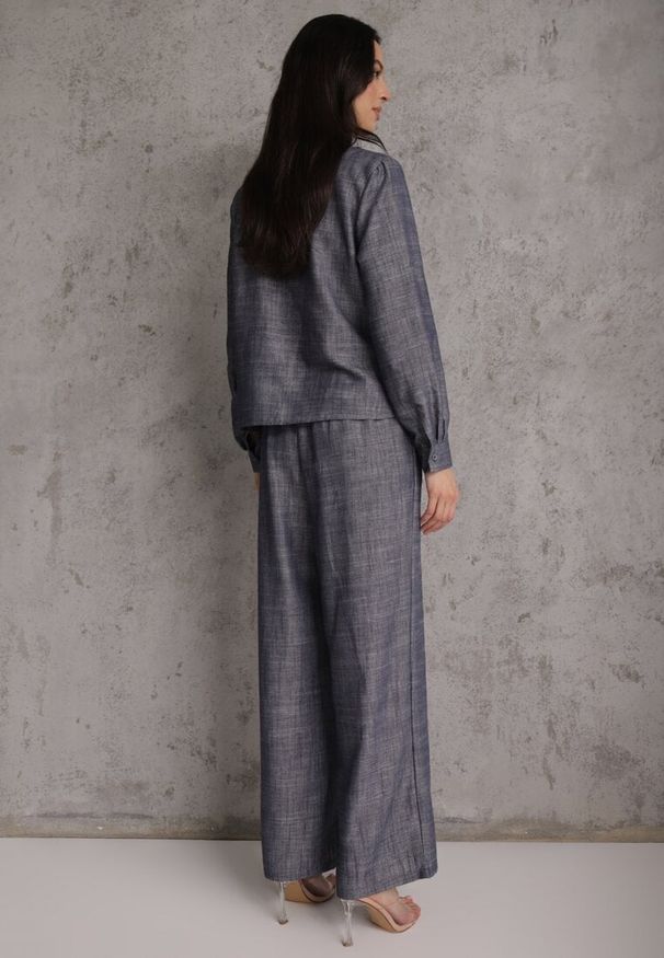 Renee - Niebieski Komplet z Wiskozą Bawełną i Lnem Wiązana Koszula i Szerokie Spodnie Ravisela. Kolor: niebieski. Materiał: wiskoza, bawełna, len