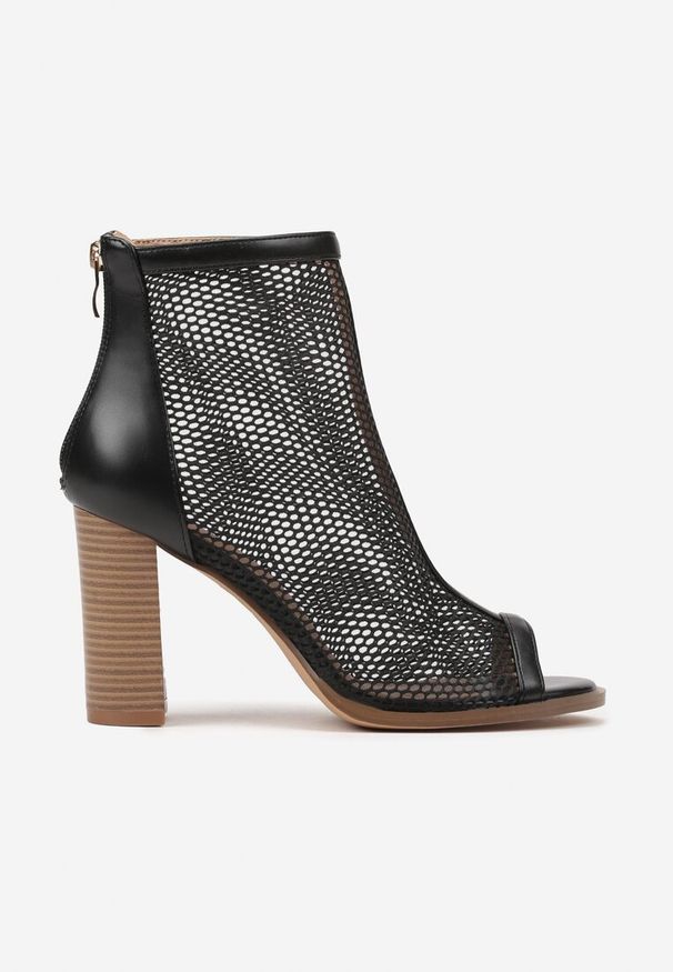 Renee - Czarne Sandały Botki na Słupku Peep Toe z Siateczkową Cholewką Loridi. Okazja: na co dzień. Nosek buta: otwarty. Kolor: czarny. Materiał: jeans. Sezon: lato, wiosna. Obcas: na słupku. Styl: wizytowy, casual