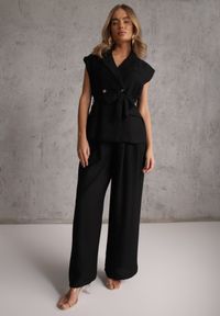 Renee - Czarny Wiskozowy Komplet Garniturowy Spodnie Wide Leg i Kamizelka z Paskiem Elyenryl. Kolor: czarny. Materiał: wiskoza #8