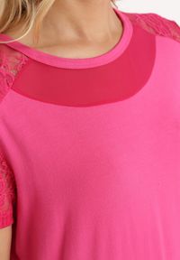 Born2be - Różowa Koszulka T-shirt z Wiskozy z Krótkim Rękawem i Koronką Relliara. Kolor: różowy. Materiał: wiskoza, koronka. Długość rękawa: krótki rękaw. Długość: krótkie. Wzór: koronka. Sezon: lato #6