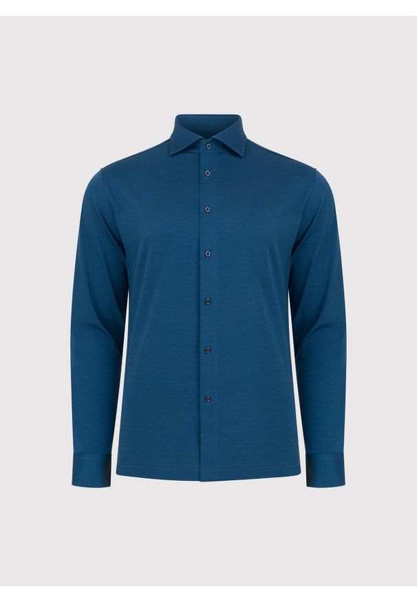 Pako Lorente - PAKO LORENTE - Granatowa dzianinowa koszula męska. Typ kołnierza: kołnierzyk włoski. Kolor: niebieski. Materiał: dzianina. Długość rękawa: długi rękaw. Długość: długie. Wzór: melanż