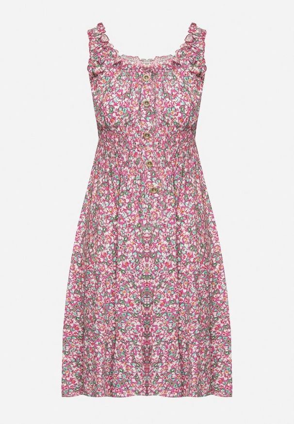 Born2be - Różowa Rozkloszowana Sukienka z Bawełny Wykończona Gumką w Talii Nelaris. Okazja: na imprezę, na randkę. Typ kołnierza: dekolt hiszpanka. Kolor: różowy. Materiał: bawełna. Długość rękawa: na ramiączkach. Styl: boho