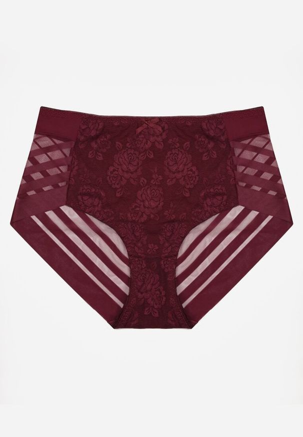 Renee - Bordowe Siateczkowe Majtki Figi High Waist z Koronkowymi Zdobieniami Heylih. Stan: podwyższony. Kolor: czerwony. Materiał: koronka. Wzór: aplikacja