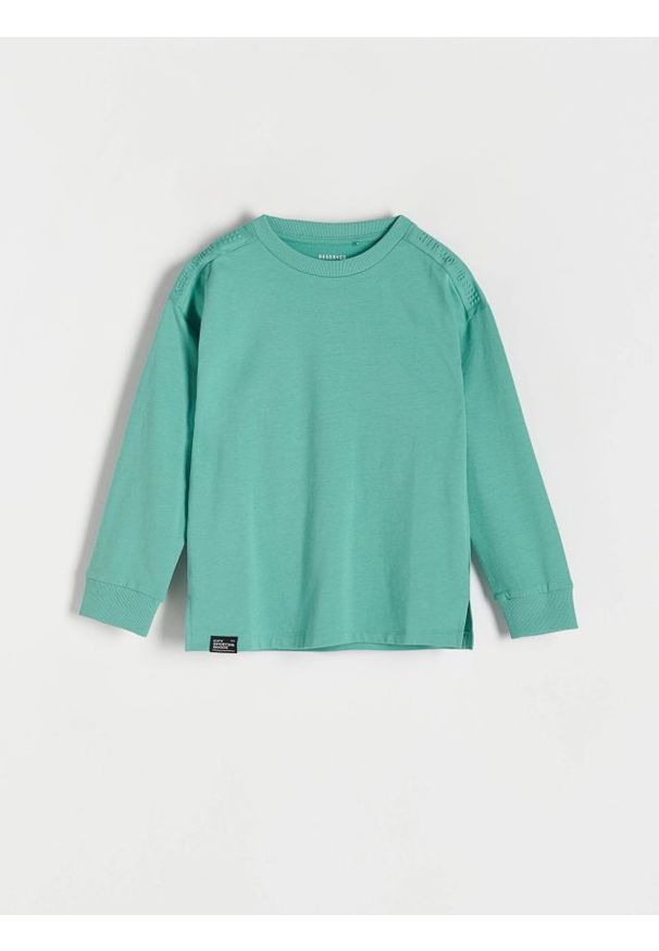 Reserved - Bawełniany longsleeve oversize - morski. Kolor: morski. Materiał: bawełna. Długość rękawa: długi rękaw