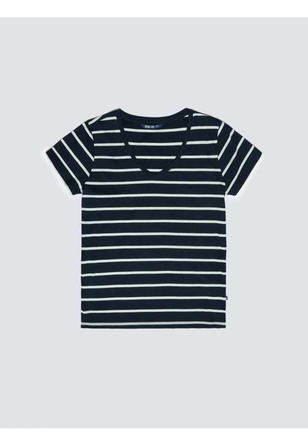 Big-Star - Koszulka damska z dekoltem v-neck w paski granatowa Retina 403. Typ kołnierza: dekolt w kształcie V. Kolor: niebieski. Materiał: bawełna. Wzór: paski. Sezon: lato