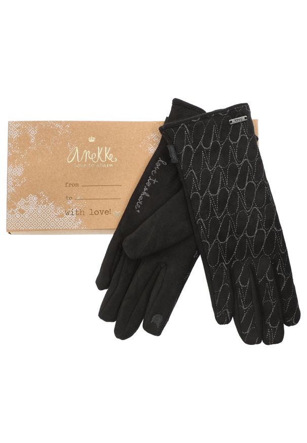 Czarne Ocieplane Wzorzyste Rękawiczki Damskie Anekke. Kolor: czarny. Materiał: materiał. Styl: elegancki, casual
