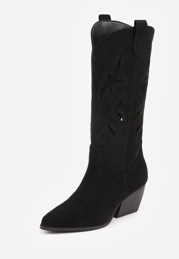 Born2be - Czarne Kozaki Kowbojki na Stożkowym Obcasie z Ażurową Cholewką Tidanna. Okazja: na co dzień, na randkę. Kolor: czarny. Szerokość cholewki: normalna. Wzór: ażurowy. Materiał: jeans, zamsz. Sezon: lato. Obcas: na obcasie. Styl: klasyczny, casual. Wysokość obcasa: średni