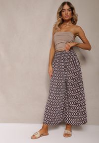 Renee - Granatowo-Beżowe Szerokie Spodnie Kuloty z Gumką w Pasie Zaphelia. Okazja: na co dzień, do pracy. Stan: podwyższony. Kolor: niebieski. Materiał: materiał. Styl: elegancki, casual
