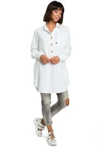 MOE - Biała Długa Koszula z Kieszenią. Kolor: biały. Materiał: poliester, len. Długość: długie #1
