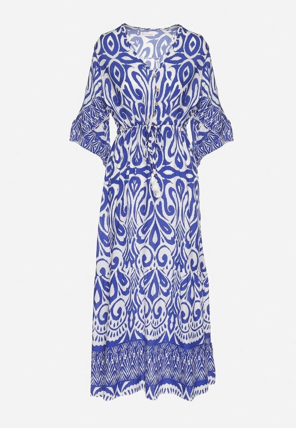 Born2be - Niebieska Sukienka Bawełniana w Ornamentalny Wzór z Gumką w Talii Orrielle. Okazja: na co dzień. Typ kołnierza: dekolt w serek. Kolor: niebieski. Materiał: bawełna. Typ sukienki: sportowe. Styl: casual, sportowy