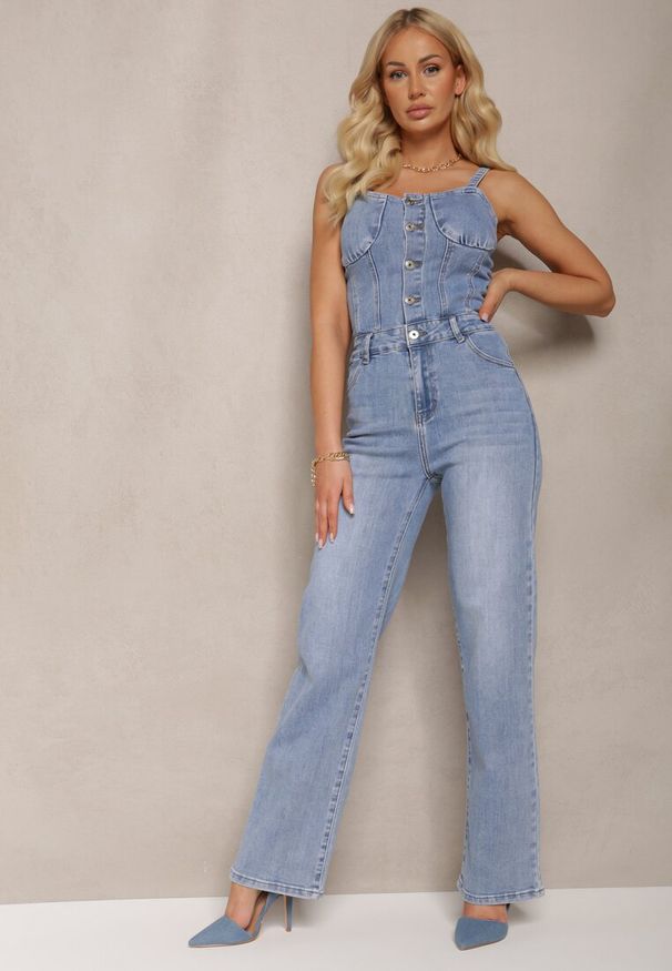 Renee - Niebieski Bawełniany Kombinezon Jeansowy z Prostymi Nogawkami na Ramiączkach Naslwen. Kolor: niebieski. Materiał: bawełna, jeans. Długość rękawa: na ramiączkach