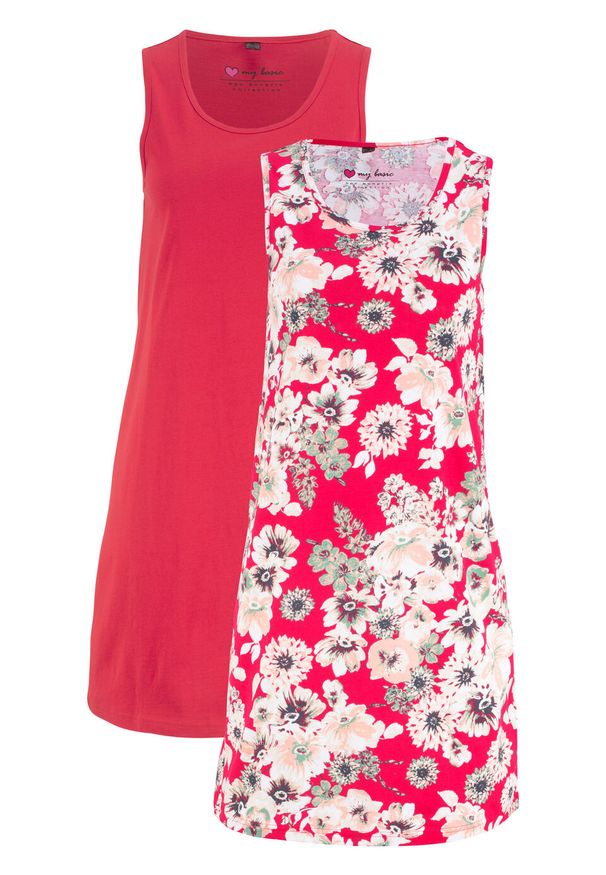 Sukienka z dżerseju (2 szt.) bonprix czerwony w kwiaty + czerwony. Kolor: czerwony. Materiał: jersey. Wzór: kwiaty