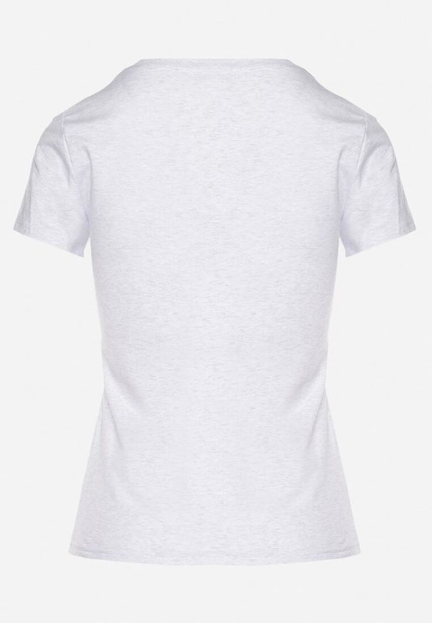 Born2be - Jasnoszary T-shirt z Bawełny Ozdobiony Napisem i Cyrkoniami Raltebis. Okazja: na co dzień. Kolor: szary. Materiał: bawełna. Wzór: napisy, aplikacja. Sezon: lato, wiosna. Styl: casual, klasyczny