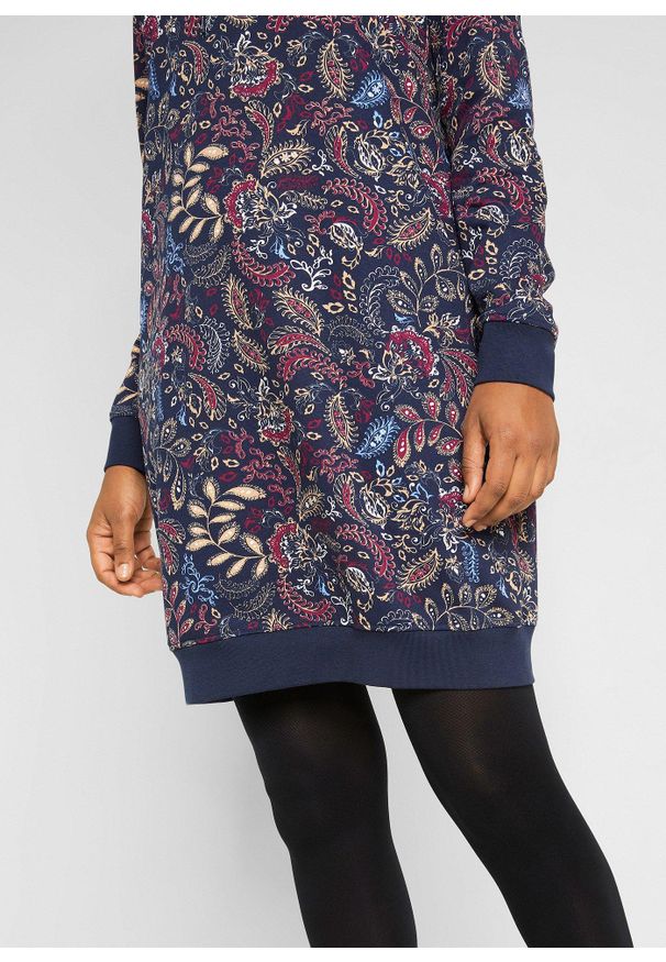 bonprix - Sukienka dresowa z nadrukiem, długi rękaw. Kolor: niebieski. Materiał: dresówka. Długość rękawa: długi rękaw. Wzór: nadruk