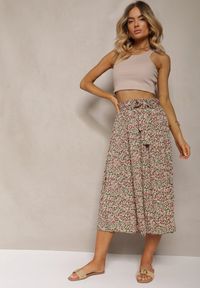 Renee - Zielono-Różowe Plisowane Spodnie Szwedy High Waist z Materiałowym Paskiem i Gumką w Talii Isefia. Okazja: na co dzień. Stan: podwyższony. Kolor: zielony. Materiał: materiał. Styl: elegancki, casual