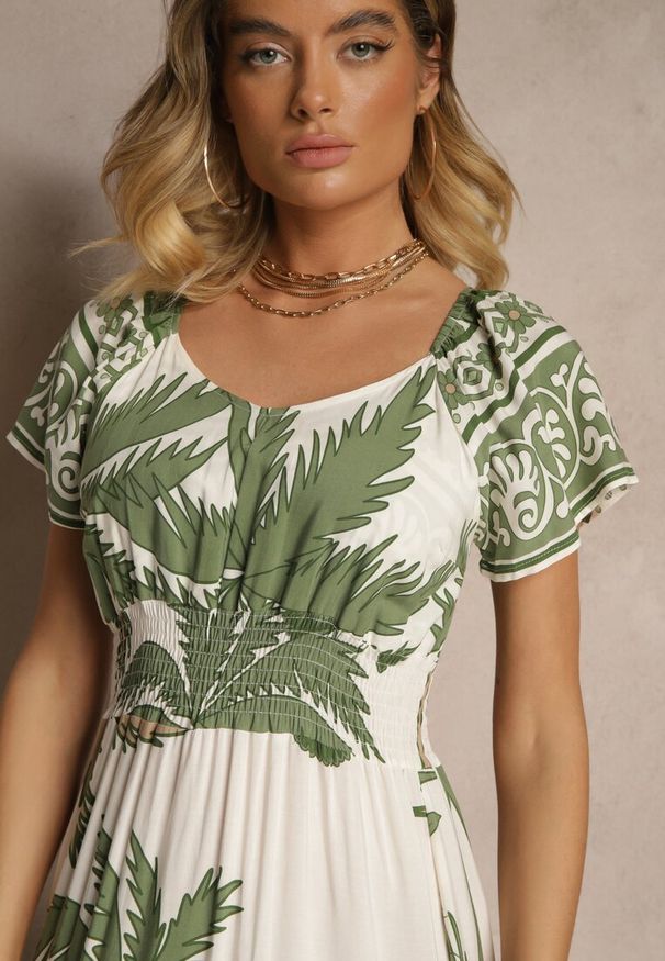 Renee - Zielona Sukienka Rozkloszowana z Wiskozy w Boho Wzór Elliseira. Okazja: na co dzień, na imprezę. Kolor: zielony. Materiał: wiskoza. Długość rękawa: krótki rękaw. Sezon: lato. Typ sukienki: proste. Styl: boho