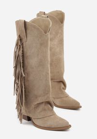 Renee - Ciemnobeżowe Kozaki Kowbojki na Stożku z Cholewką Imitującą Nogawkę z Frędzlami Monettea. Kolor: beżowy. Materiał: jeans. Szerokość cholewki: normalna. Obcas: na stożku #6