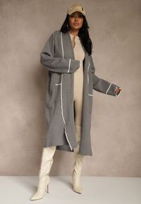 Renee - Szary Niezapinany Kardigan o Długim Kroju z Lamówką Venisse. Okazja: na co dzień. Kolor: szary. Materiał: jeans. Długość: długie. Styl: casual, klasyczny #3