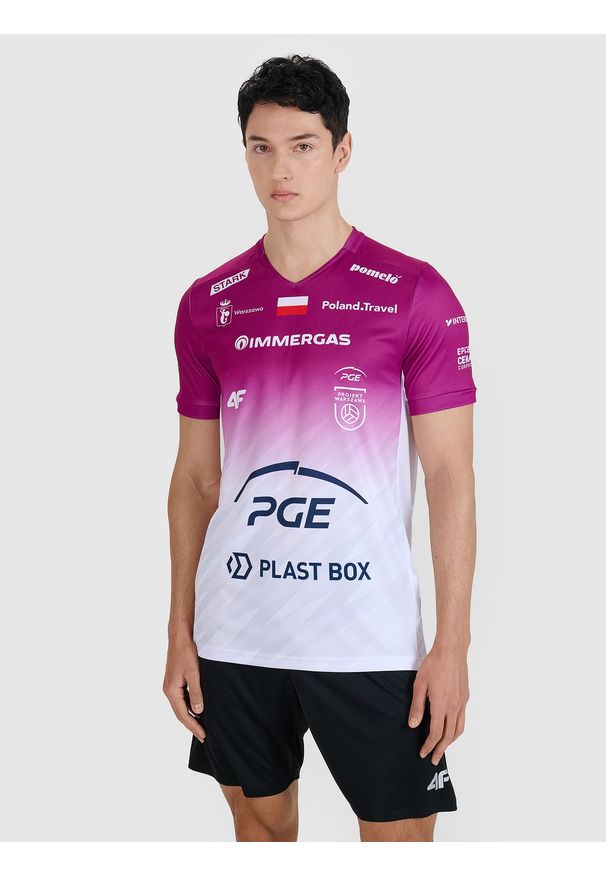 4f - 4F Koszulka meczowa replika domowa Liga Mistrzów CEV z sezonu 2024/25 męska 4F x Projekt Warszawa - multikolor L. Okazja: do domu. Typ kołnierza: dekolt w serek. Kolor: wielokolorowy. Materiał: dzianina, włókno, materiał, syntetyk. Wzór: gładki, nadruk, ze splotem. Styl: klasyczny, sportowy