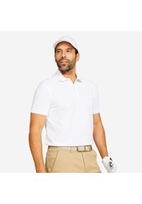 INESIS - Koszulka polo do golfa z krótkim rękawem męska Inesis MW500. Typ kołnierza: polo, golf. Kolor: biały. Materiał: poliester, bawełna, materiał. Długość rękawa: krótki rękaw. Długość: krótkie. Wzór: ze splotem. Styl: klasyczny #1