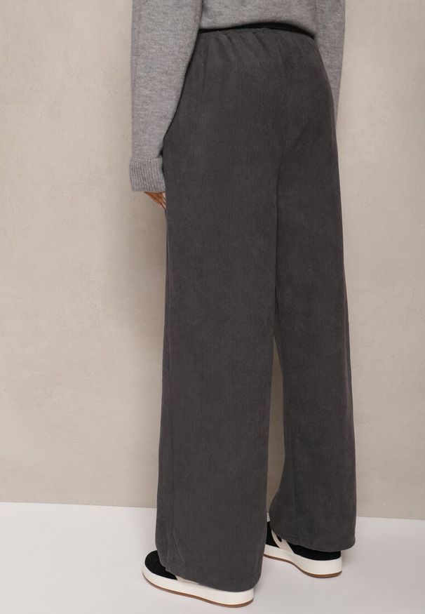 Renee - Szare Spodnie Sztruksowe o Szerokim Kroju High Waist z Paskiem Valoma. Okazja: na co dzień. Stan: podwyższony. Kolor: szary. Materiał: sztruks. Styl: casual, retro, elegancki