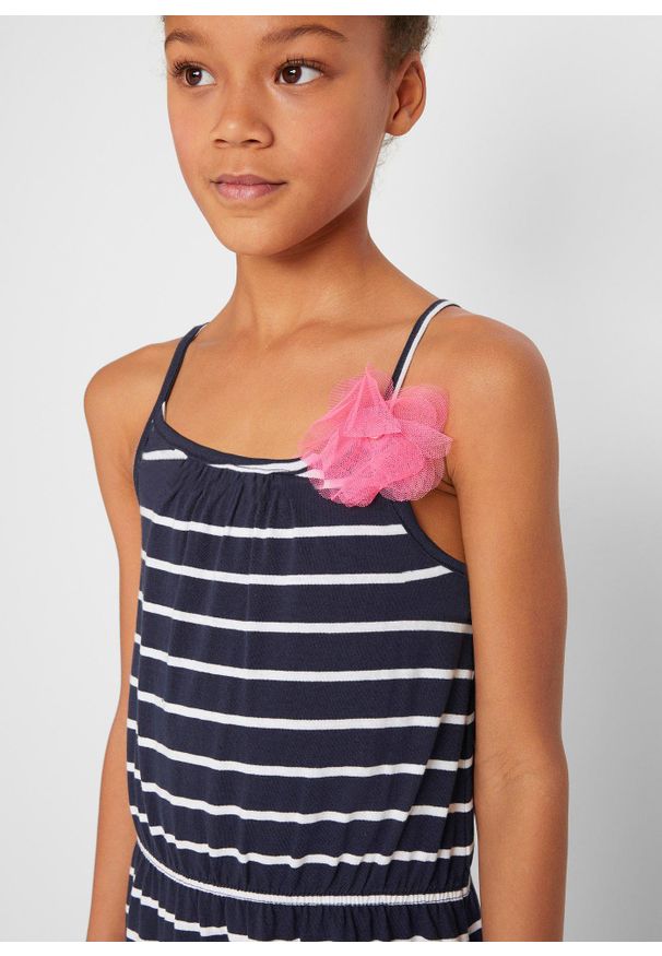 bonprix - Długa sukienka dziewczęca z kwiatkiem, z bawełny organicznej. Kolor: niebieski. Materiał: bawełna. Długość rękawa: na ramiączkach. Wzór: kwiaty. Długość: maxi