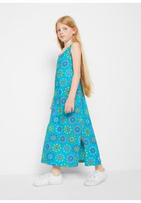 Letnia sukienka dziewczęca z dżerseju z bawełny organicznej bonprix niebieski karaibski. Kolor: niebieski. Materiał: bawełna, jersey. Wzór: nadruk, kwiaty. Sezon: lato #3