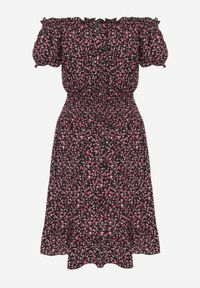 Renee - Czarno-Czerwona Bawełniana Sukienka z Gumką w Talii o Fasonie Hiszpanki Jazmi. Okazja: na co dzień, na spacer. Typ kołnierza: dekolt hiszpanka. Kolor: czarny. Materiał: bawełna. Wzór: aplikacja. Typ sukienki: sportowe, proste. Styl: sportowy, casual, elegancki #2