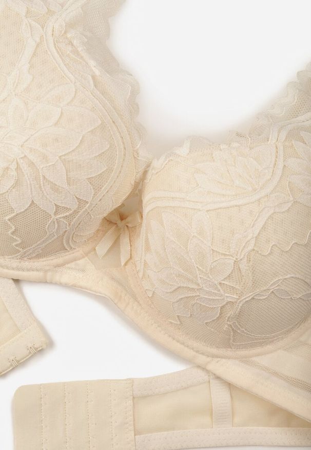 Born2be - Jasnobeżowy Koronkowy Biustonosz z Ozdobnymi Kokardkami na Ramiączkach Aeleolopei. Kolor: beżowy. Materiał: koronka. Wzór: koronka, aplikacja
