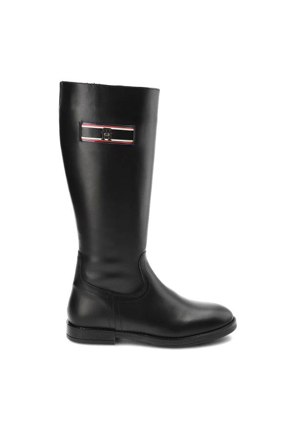TOMMY HILFIGER - Czarne Kozaki Damskie Tommy Hilfiger Eleganckie Skórzane Buty. Kolor: czarny. Materiał: skóra. Szerokość cholewki: normalna. Sezon: lato. Obcas: na obcasie. Styl: elegancki. Wysokość obcasa: niski
