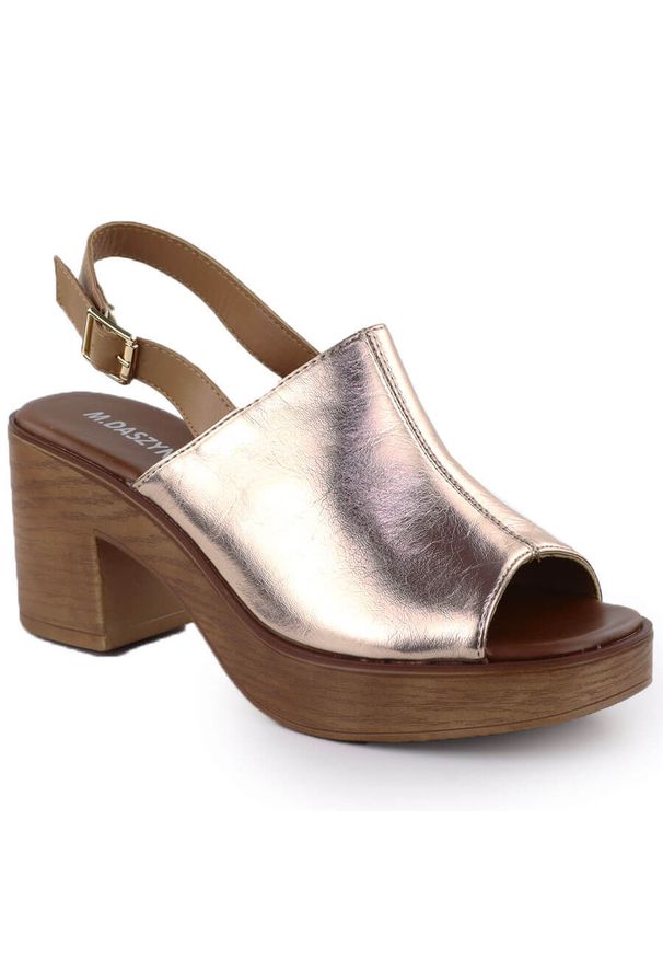 Sandały damskie na słupku złote M.Daszyński MR23126-7. Kolor: złoty. Materiał: skóra ekologiczna. Obcas: na słupku