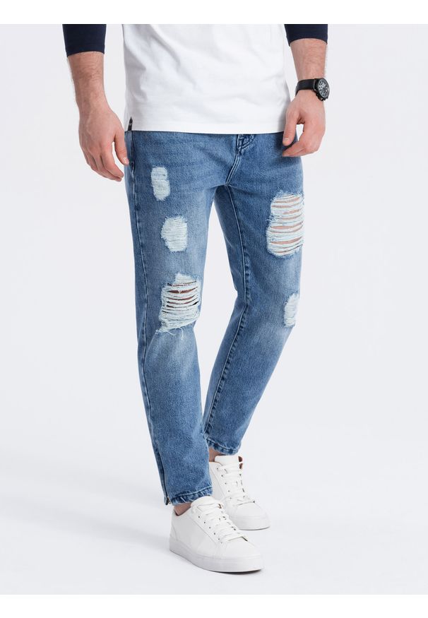 Ombre Clothing - Męskie spodnie jeansowe taper fit z dziurami - niebieskie V3 - Rozmiar: M. Kolor: niebieski. Materiał: jeans. Wzór: aplikacja. Styl: elegancki, vintage