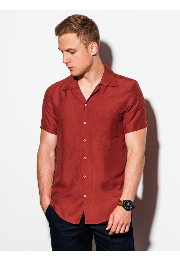 Ombre Clothing - Koszula męska z krótkim rękawem - ceglasta K561 - L. Kolor: czerwony. Materiał: wiskoza. Długość rękawa: krótki rękaw. Długość: krótkie