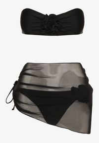 Born2be - Czarne Bikini 3-Częściowe Stanik Wiązany przy Szyi Majtki z Wiązaniami i Pareo Irisanne. Kolor: czarny. Materiał: tkanina. Wzór: aplikacja