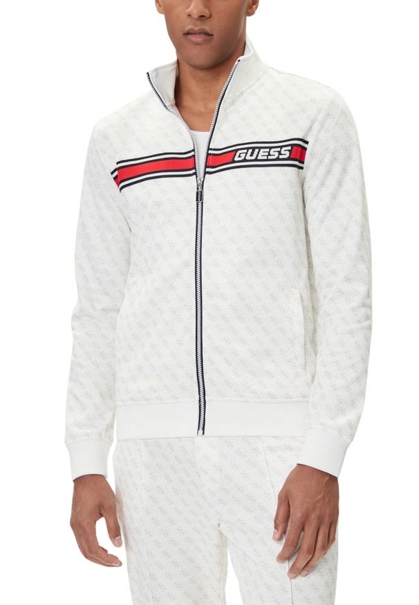 Guess - GUESS Biała rozpinana męska bluza w monogram Korbin, Rozmiar XL. Okazja: na co dzień. Kolor: biały. Styl: elegancki, casual, sportowy