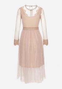 Born2be - Beżowa Sukienka Phaerusa. Kolor: beżowy. Materiał: koronka, tiul. Wzór: aplikacja, koronka. Styl: elegancki, klasyczny. Długość: midi #6