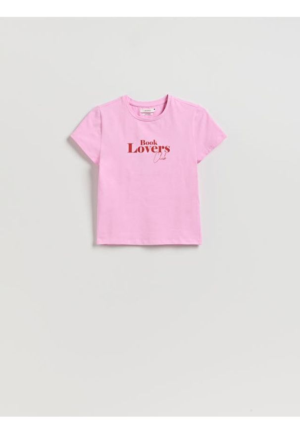 Reserved - T-shirt regular z nadrukiem - różowy. Kolor: różowy. Materiał: bawełna. Wzór: nadruk