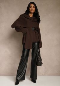 Renee - Brązowy Elegancki Kardigan z Wiskozy z Paskiem i Narzutką Roweda. Kolor: brązowy. Materiał: wiskoza. Styl: elegancki #2