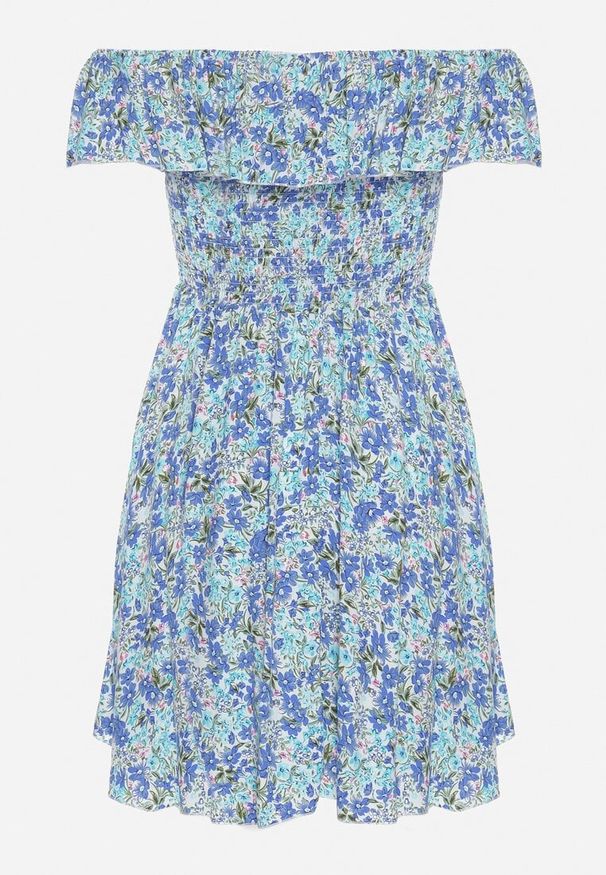 Born2be - Niebieska Sukienka z Bawełny Typu Hiszpanka z Falbankami w Kwiaty Aenne. Okazja: na imprezę, na spacer. Typ kołnierza: dekolt hiszpanka, kołnierz z falbankami. Kolor: niebieski. Materiał: bawełna. Wzór: kwiaty. Sezon: lato. Styl: elegancki