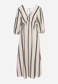 Born2be - Biało-Czarna Taliowana Sukienka z Bawełny z Motywem Pasków Rivettes. Okazja: do pracy, na co dzień. Typ kołnierza: dekolt w kształcie V. Kolor: biały. Materiał: bawełna. Wzór: aplikacja. Typ sukienki: proste. Styl: klasyczny, casual, elegancki #6