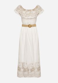 Born2be - Biała Sukienka Hiszpanka w Stylu Boho z Haftem i Paskiem z Klamrą Mellirna. Okazja: na co dzień. Typ kołnierza: dekolt hiszpanka. Kolor: biały. Materiał: poliester, materiał. Wzór: haft. Styl: boho #3