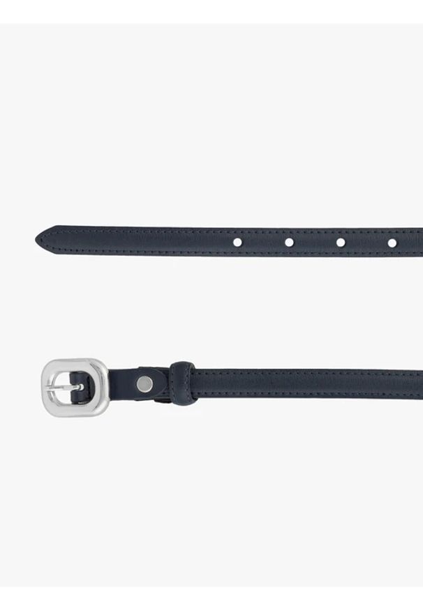 Ryłko - Granatowy pasek damski ze skóry licowej ze srebrną klamrą. Kolor: niebieski. Materiał: skóra. Wzór: aplikacja