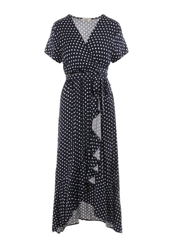 Born2be - Granatowa Sukienka Echosia. Kolor: niebieski. Materiał: materiał. Długość rękawa: krótki rękaw. Wzór: kropki. Typ sukienki: kopertowe. Długość: maxi