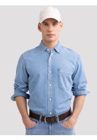 Big-Star - Koszula męska z imitacji jeansu niebieska Jason 147. Okazja: na co dzień. Kolor: niebieski. Materiał: jeans. Wzór: haft. Sezon: lato. Styl: klasyczny, casual
