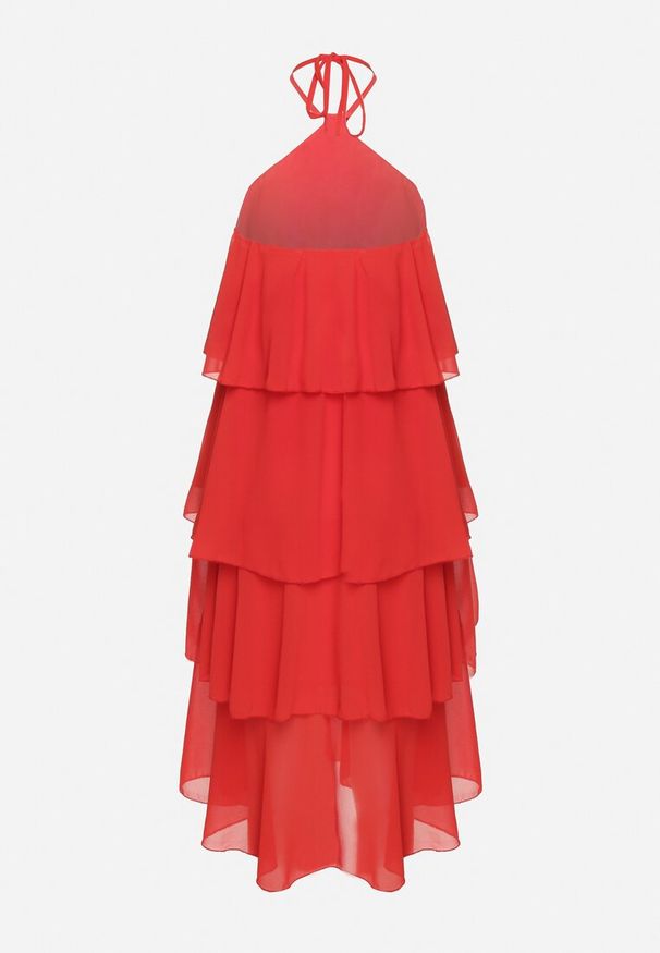 Born2be - Czerwona Sukienka z Falbanami Wiązana na Szyi z Broszką Kwiatem Tinallena. Okazja: na co dzień. Kolor: czerwony. Wzór: kwiaty. Styl: casual